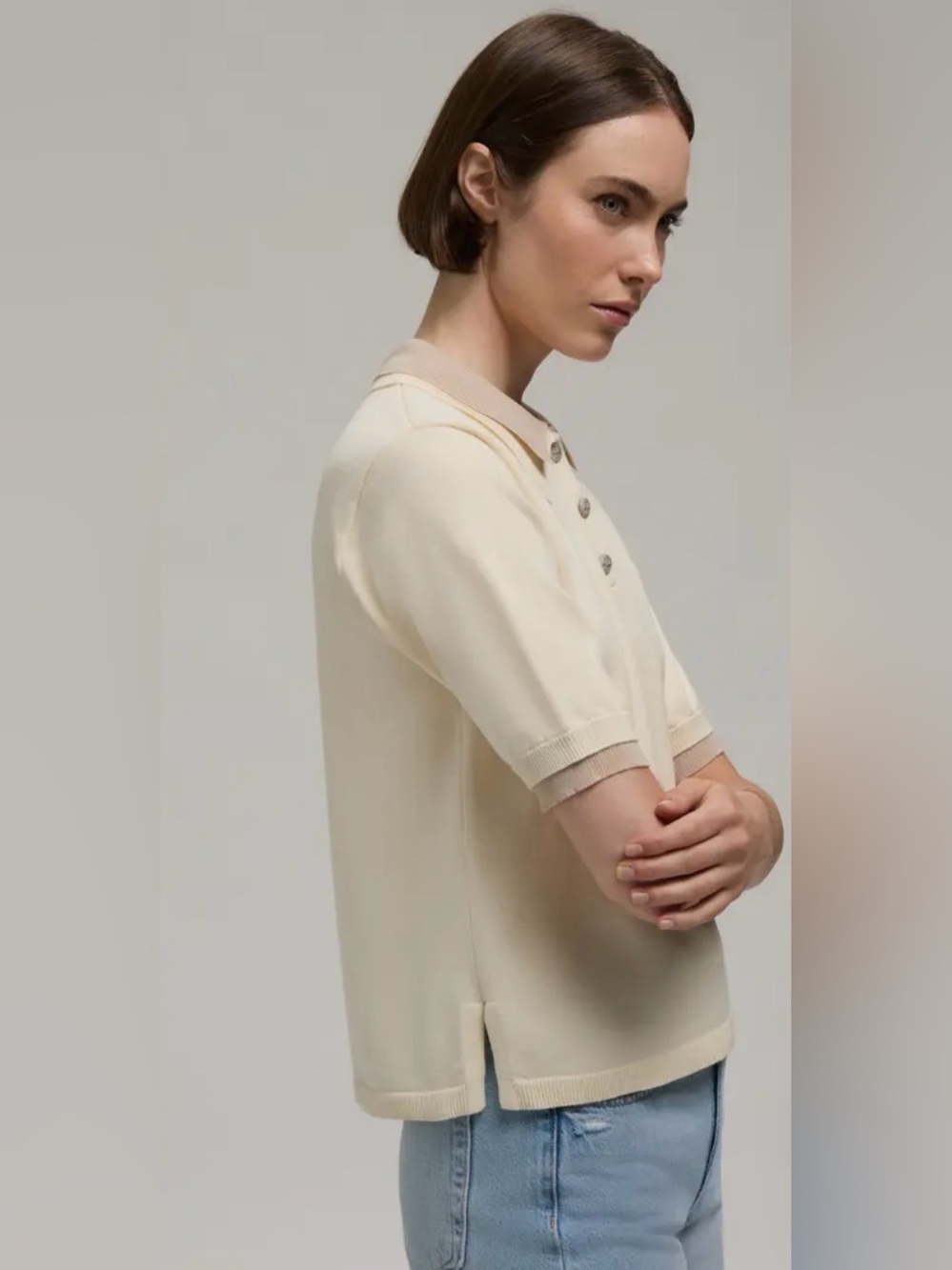 *NWT* Hunter Women’s Contrast Trim Polo Sweater in Cream and Tan, Size Large - Picture 3 of 14